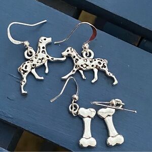 Dalmatian Dog & Bone Earrings Pair Of Two Silver Tone Pierced New Hand Crafted